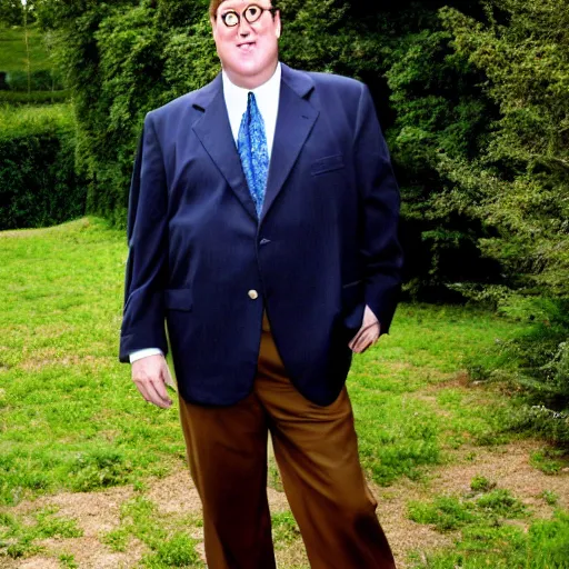 Prompt: 2 0 0 5 john lasseter of pixar is wearing a navy blue suit and necktie and brown shoes. he is standing in a verdant countryside