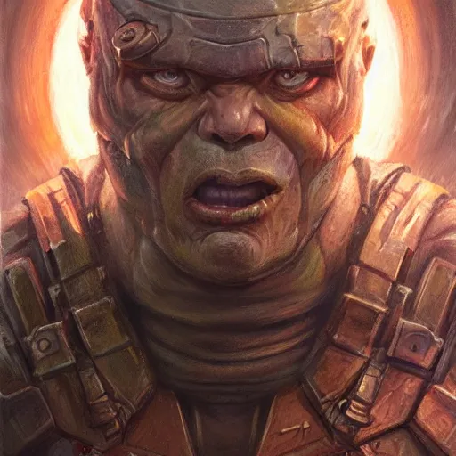 Image similar to the doomguy as a realistic fantasy d & d character, closeup portrait art by donato giancola and greg rutkowski, realistic face, digital art, trending on artstation