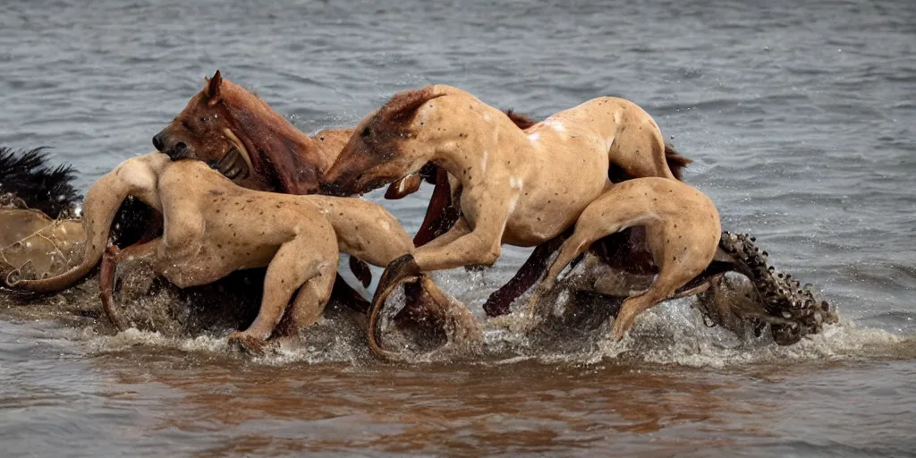 Prompt: national geographic photo of horse full of octopus being eaten by african hunting dogs