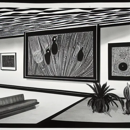 Image similar to A black and white offset lithography of an exhibition space with works of Sun Ra, Marcel Duchamp and tropical plants, 60s, Modern Art