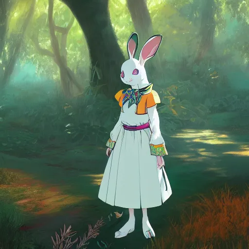 Prompt: concept art painting of an anthropomorphic white rabbit wearing a turquoise blouse, in the deep forest, realistic, detailed, cel shaded, in the style of makoto shinkai and greg rutkowski and james gurney