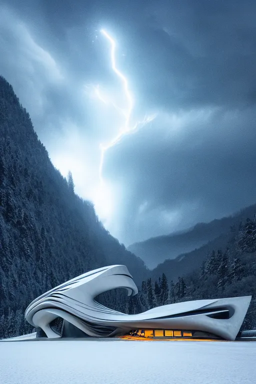 Image similar to a futuristic scene in front of a zaha hadid building in the forrest of the french alps in the style of chris moore, stormy weather with lightning, cinematic matte painting, extreme detail 8 k photo quality, dark moody colors, snowfall, featured on behance