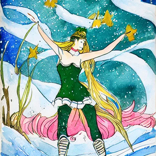 Prompt: winter the sailor jupiter watercolor bilibin thick linings