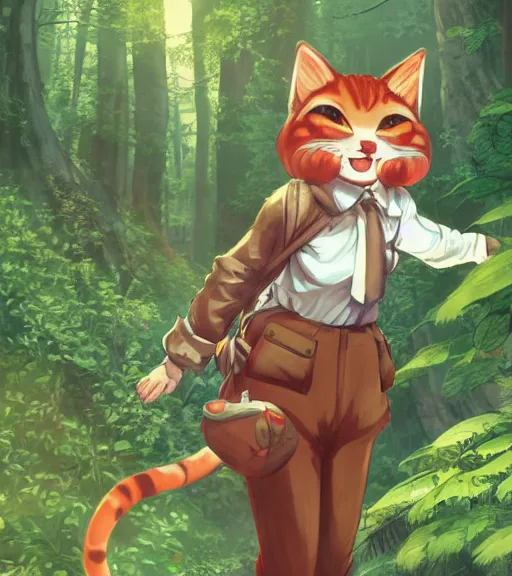 Image similar to character portrait of the anthro anthropomorphic cat head animal person fursona wearing clothes standing in the bright forest, hidari, color page, tankoban, 4 k, tone mapping, akihiko yoshida