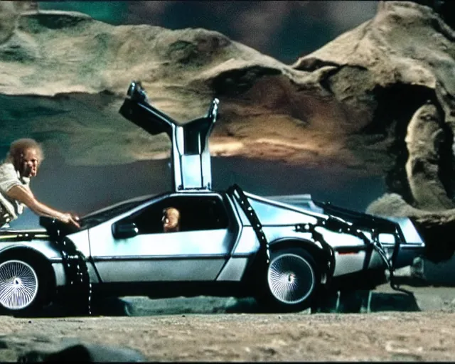 Image similar to doc brown and the delorean in a scene from star wars ( 1 9 7 7 )