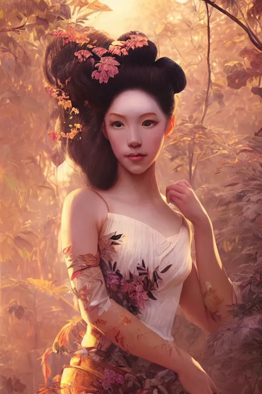 Image similar to stunningly beautiful, irish geisha prima ballerina in jungle, symmetrical face, golden hour, smooth, focus, highly detailed, hyper realistic, dramatic lighting, elegant, intricate, concept art, art by wlop, mars ravelo, greg rutowski, artstation