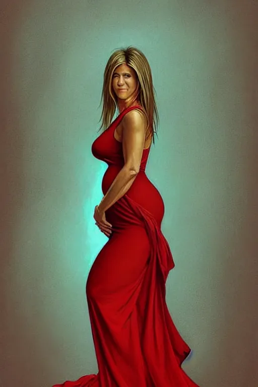 Prompt: pregnant jennifer aniston in a red dress, realistic portrait, symmetrical, highly detailed, digital painting, artstation, concept art, smooth, sharp focus, illustration, cinematic lighting, art by artgerm and greg rutkowski and alphonse mucha