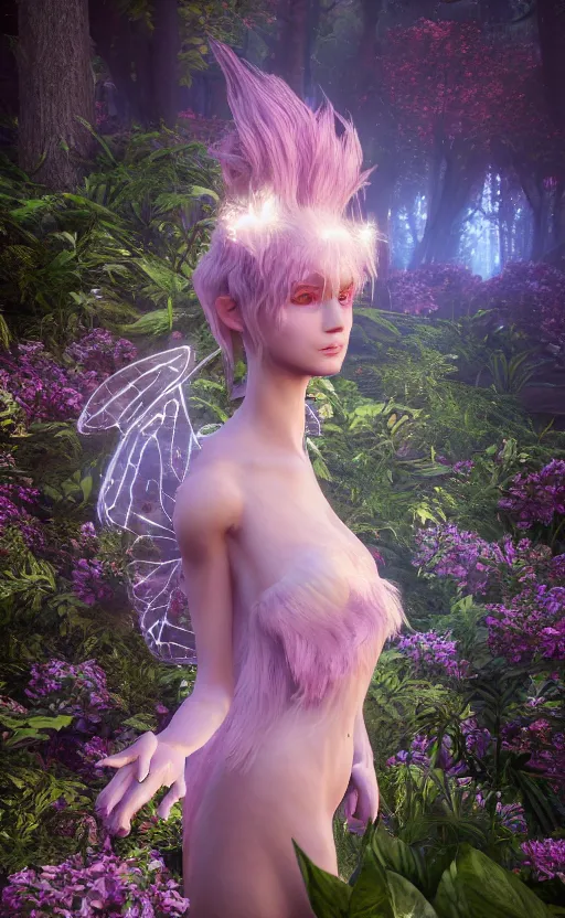 Image similar to a photo of 8 k ultra realistic magical fairy, full body, fantasy forest background, ornate, cinematic lighting, trending on artstation, 4 k, hyperrealistic, focused, high details, unreal engine 5, cinematic