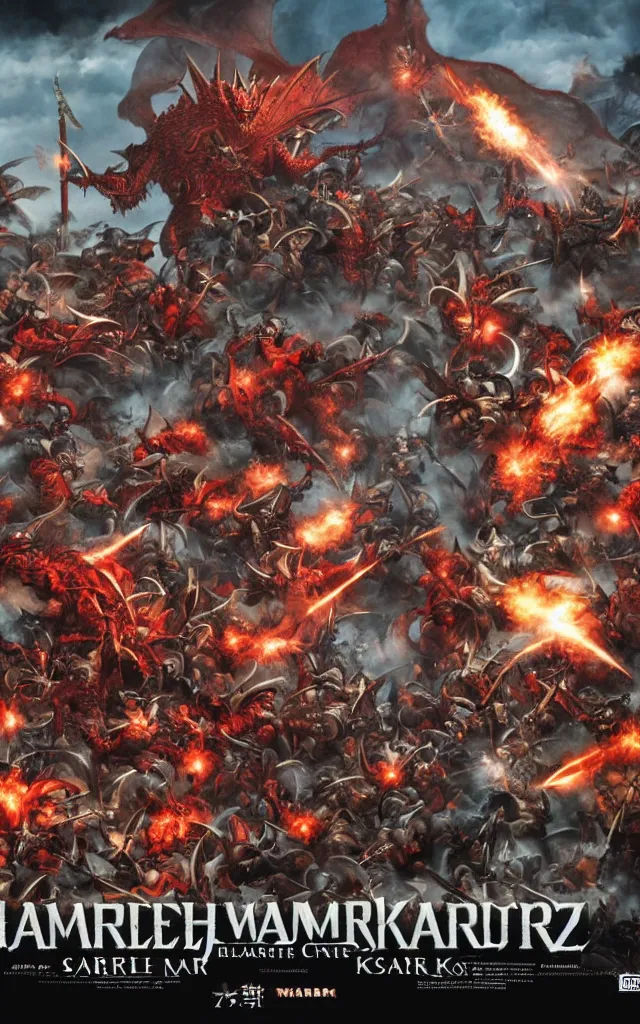 Image similar to warhammer battle scene versus scarlet nordic dragon movie poster by kekai kotaki