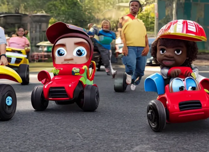 Image similar to peter dinklage racing gary coleman driving a little tikes cars, movie still, from the new fast and furious movie, 8 k, realistic