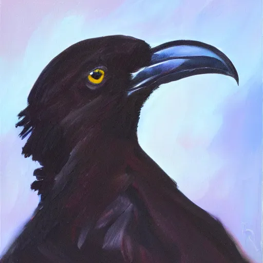 Image similar to impressionist oil painting of a very attractive raven bird