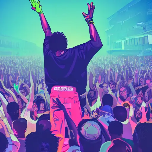 Image similar to rapper onstage leaning over huge crowd of arms reaching up to him, holding microphone, digital art, vapor wave, hip hop, trending on Artstation, professional artist, detailed, 4k