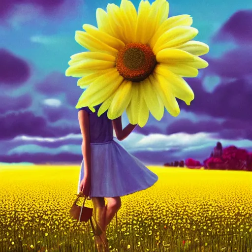 Prompt: giant daisy flower as head, full body, girl walking in a flower field, surreal photography, sunrise dramatic light, impressionist painting, colorful clouds, digital painting, artstation, simon stalenhag, flower face