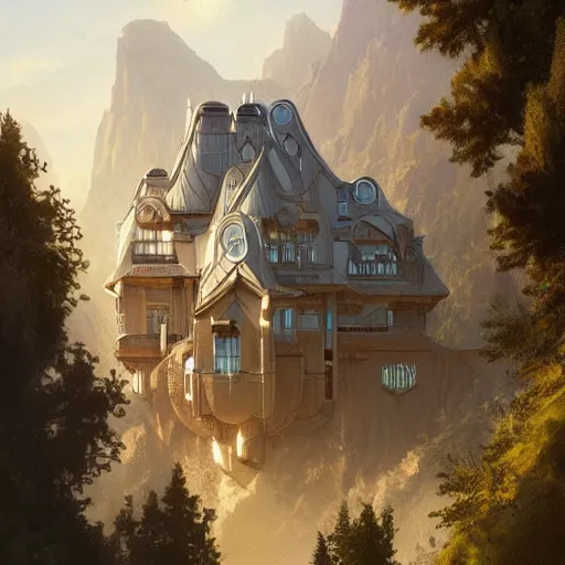 Image similar to Ultra realistic illustration of Futuristic Modern Mansion in the mountains , sci-fi, fantasy, intricate, elegant, highly detailed, digital painting, artstation, concept art, smooth, sharp focus, illustration, dramatic lighting, art by artgerm and greg rutkowski and alphonse mucha