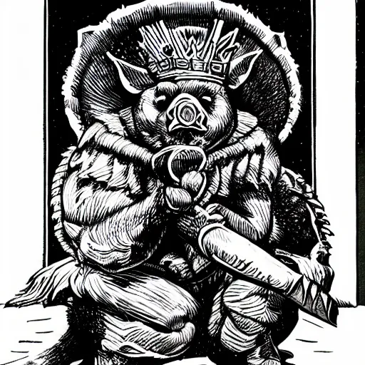 Prompt: pig posing with crown from the Dungeons and Dragons Monster Manual, line art illustration, 1981, high detail