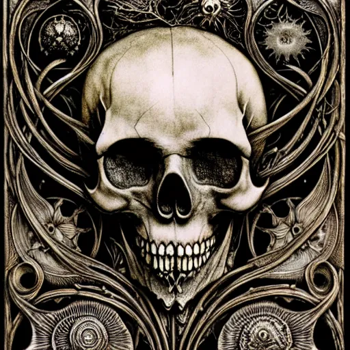 Prompt: memento mori by arthur rackham, art forms of nature by ernst haeckel, ultrasharp, photorealistic, hyperdetailed, octane render, polished, art nouveau, gothic, ornately carved antique bone beautiful skull mask dominant, intricate ornamental organic filigree, art nouveau botanicals, art forms of nature by ernst haeckel, horizontal symmetry, symbolist, visionary