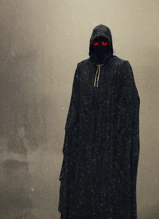 Image similar to dark figure wearing black robe with subtle trim gold accents hooded skull cyberpunk bladerunner 2049 movie still (2017) Wayne Barlowe and Greg Rutkowski