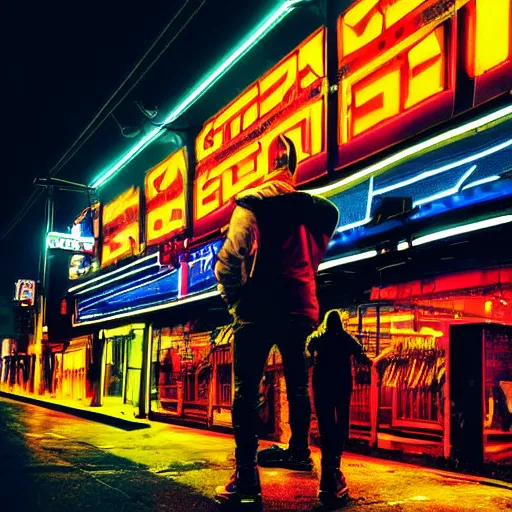Image similar to rocket standing on a street in the middle of a cyberpunk city, neon signs, psychedelic, minimalism, clouds, night time, dramatic lighting, flat design, flat colors, in the style of contemporary graphic design