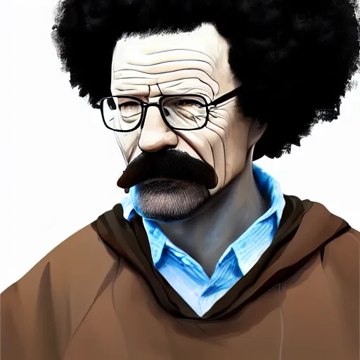 Image similar to walter white with an afro and a giant mustache, digital painting masterpiece, gorgeous brush strokes, advanced lighting technology