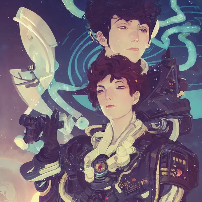 Image similar to anime portrait space pirate captain, futuristic science fiction, mucha, hard shadows and strong rim light, art by jc leyendecker and atey ghailan and sachin teng