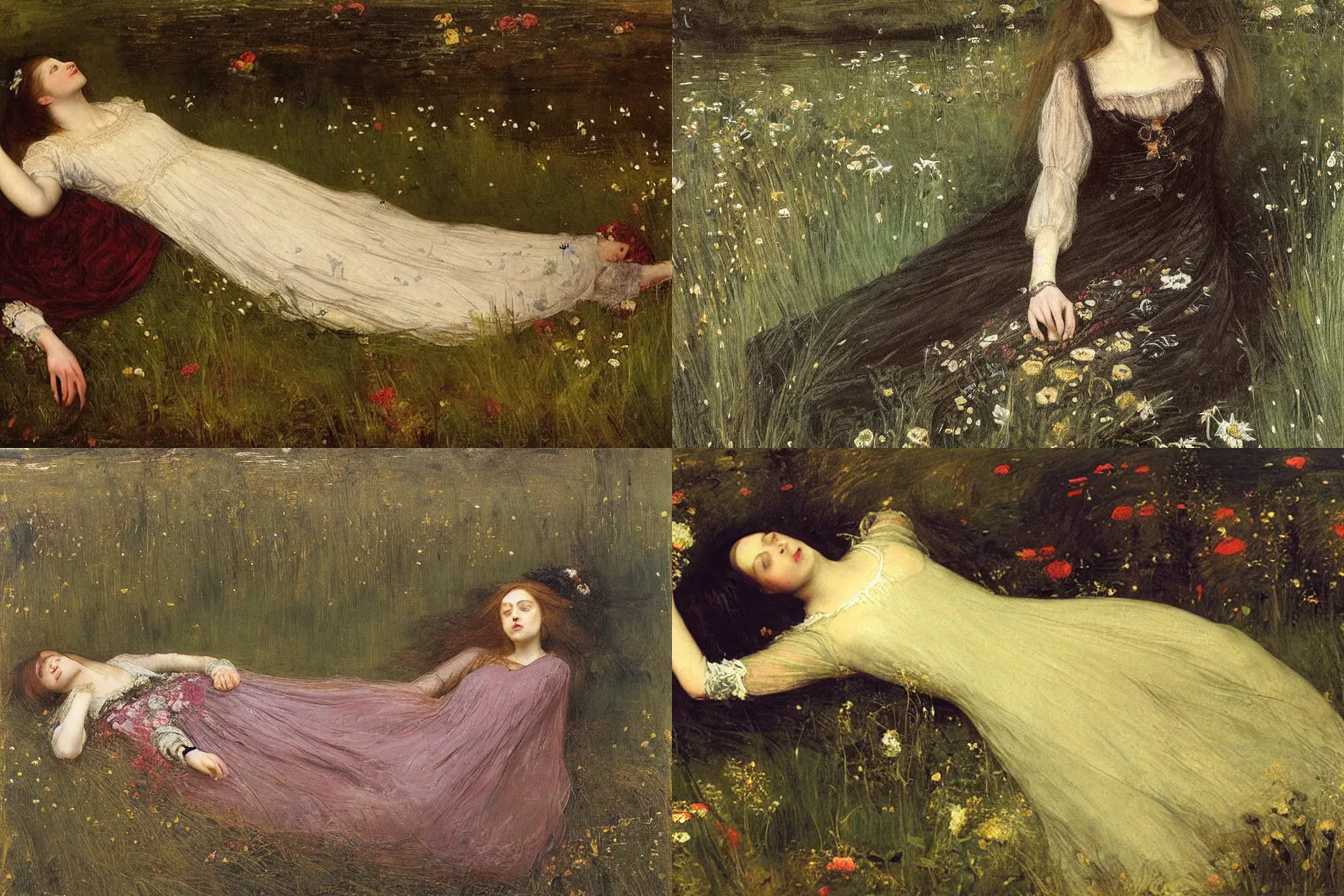 Prompt: young drowned ophelia floating in dark waters surrounded by high green grass and flowers, wearing an antique embroidered dress, arms stretched out, with closed eyes, by sir john everett millais, dark, sad, detailed, oil painting, masterpiece