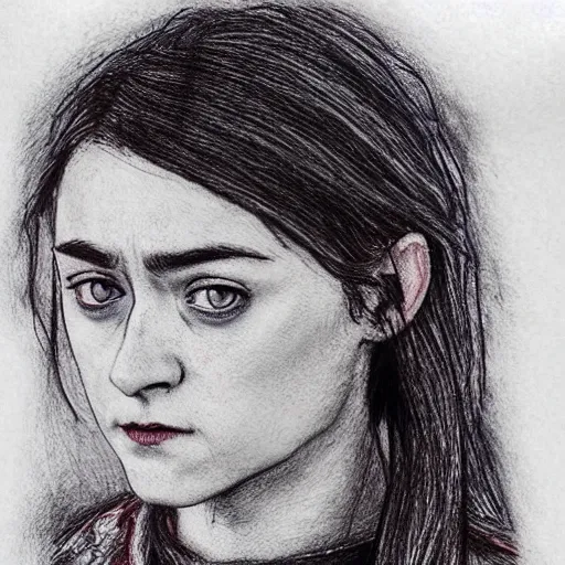 Prompt: loosely crosshatch sketch of venus arya stark drawn with red and blue ballpoint on white paper