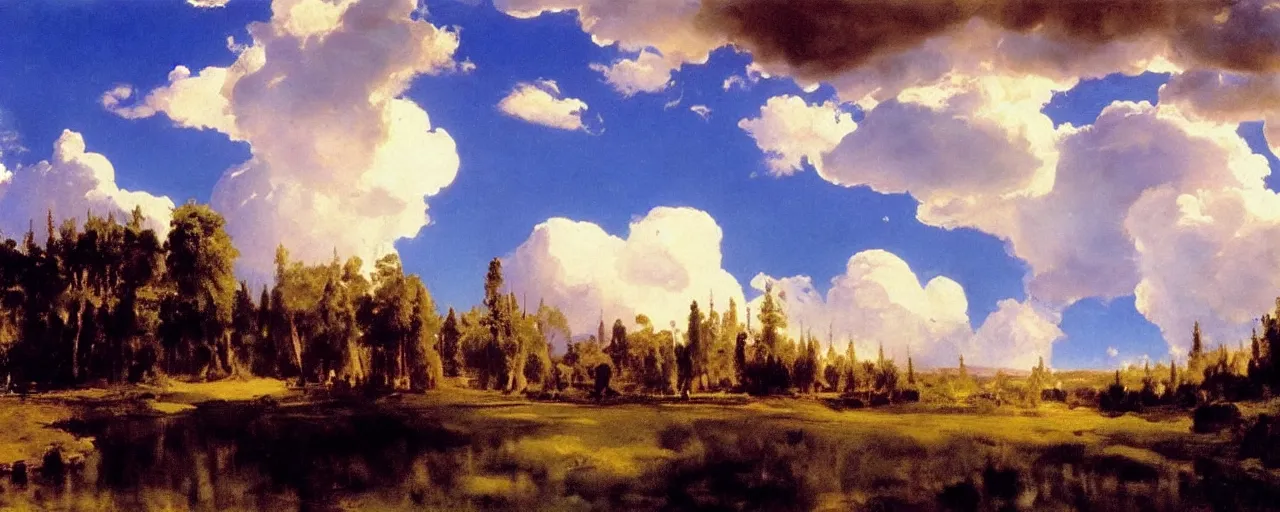 Image similar to disney illustrated background of blue sky huge clouds by eugene von guerard, ivan shishkin, john singer sargent