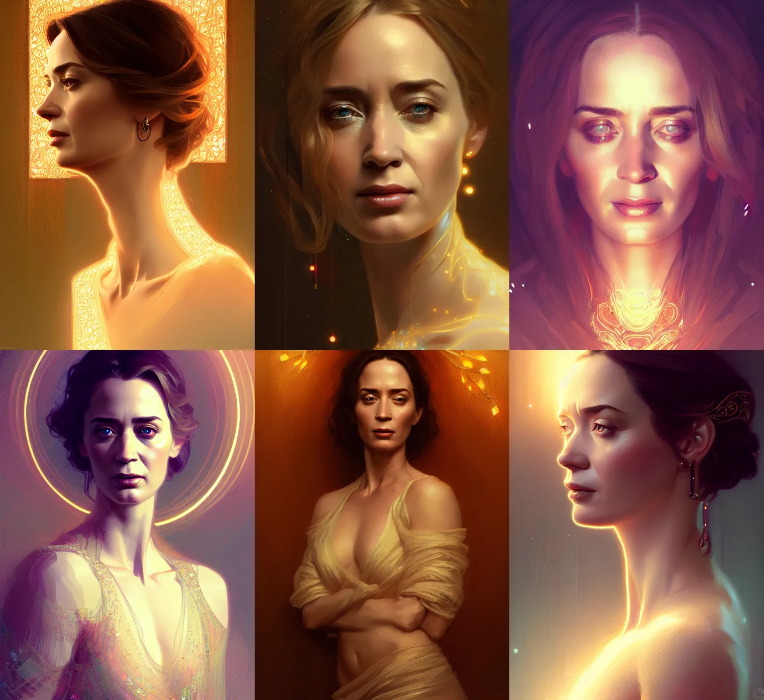 Prompt: portrait of emily blunt, intricate, elegant, glowing lights, highly detailed, digital painting, artstation, glamor pose, concept art, smooth, sharp focus, illustration, art by wlop, alphonse mucha and craig mullins