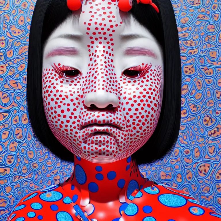 Image similar to hyperrealistic detailed image of a geisha in a art installation room, hd smooth interior by yayoi kusama, part by kei mieno, part by ross tran, dark art by james jean, ultra realistic, highly detailed, life like face, detailed body, 8 k, 3 d render by roger magrini, masterpiece