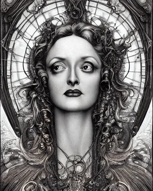 Prompt: in the style of beautiful bette davis, steampunk, detailed and intricate by jean delville, gustave dore and marco mazzoni, art nouveau, symbolist, visionary, gothic, pre - raphaelite colorful