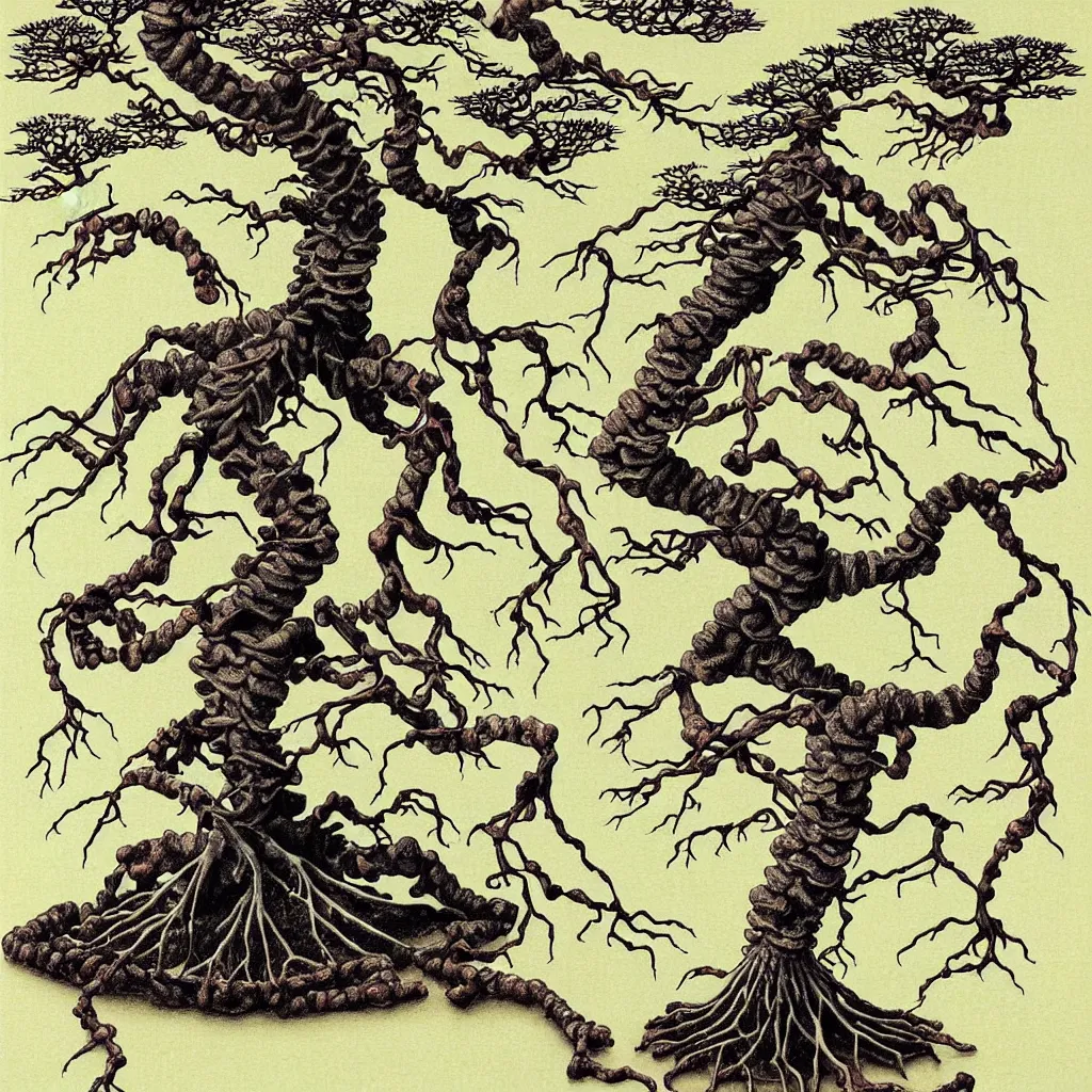 Image similar to prompt: anatomy dissection drawing skeleton Bonsai tree drawn by Takato Yamamoto, bonsai skeleton anatomy atlas, veins and organs attached to tree roots, alchemical objects inspired by 1980's sci-ci, old experimentation cabinet, intricate oil painting detail, manga 1980