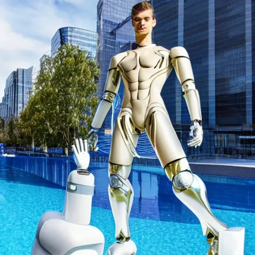 Image similar to made of ice, a realistic detailed photo of a guy who is an attractive humanoid who is half robot and half humanoid, who is a male android, on display, blank stare, showing off his muscles, shiny skin, posing like a statue, by the pool, frozen ice statue, f 1 driver max verstappen, humanoid robot