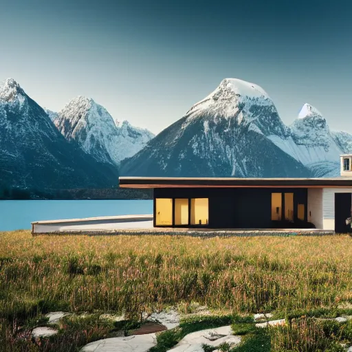 Image similar to wes anderson style modern futuristic house near the lake, snowy mountains and green forest, cinematic, realism, photo, detailed