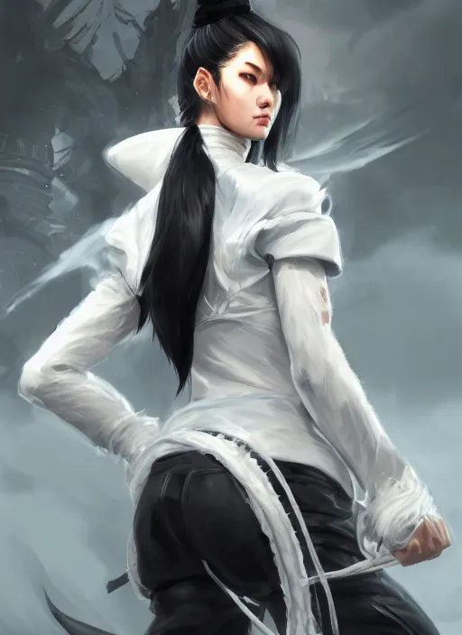 Image similar to a highly detailed illustration of fierce tall amazon messy ponytail black haired one armed delinquent japanese woman wearing white cap wearing long white jacket with cape, powerful imposing pose, muscular, perfect face, intricate, elegant, highly detailed, centered, digital painting, artstation, concept art, smooth, sharp focus, league of legends concept art, wlop.