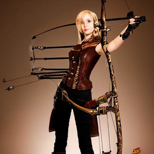 Image similar to full body photo of a skinny female steampunk archer