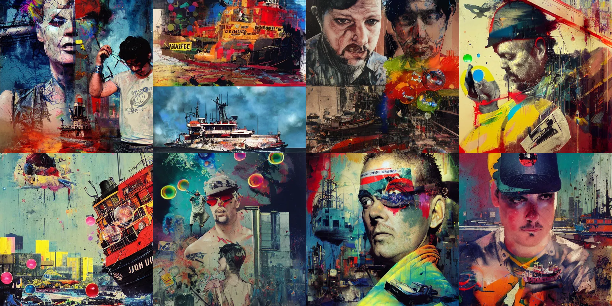 Prompt: tug boat and john tenta earthquake ( hallucinating colorful soap bubbles ), by jeremy mann, by sandra chevrier, by dave mckean and richard avedon and maciej kuciara, 8 0's, punk rock, high detailed, 8 k