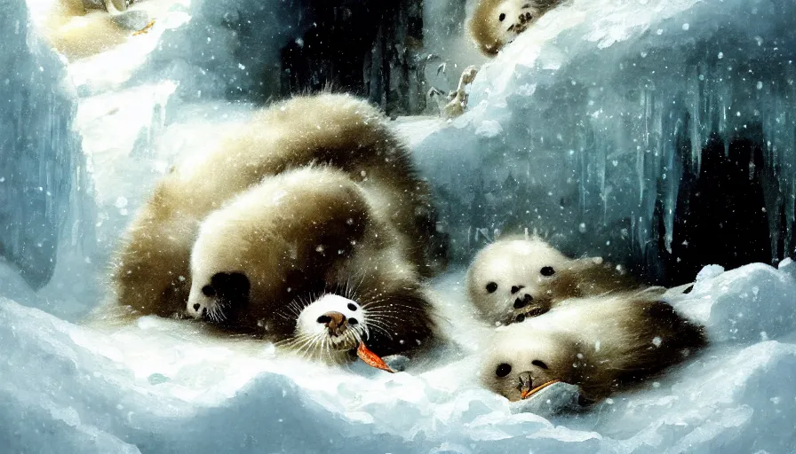 Image similar to highly detailed painting of cute furry white baby seals eating fish inside a snowy fantasy ice crystal cavern by william turner, by greg rutkowski, by william constable, thick brush strokes and visible paint layers, 4 k resolution