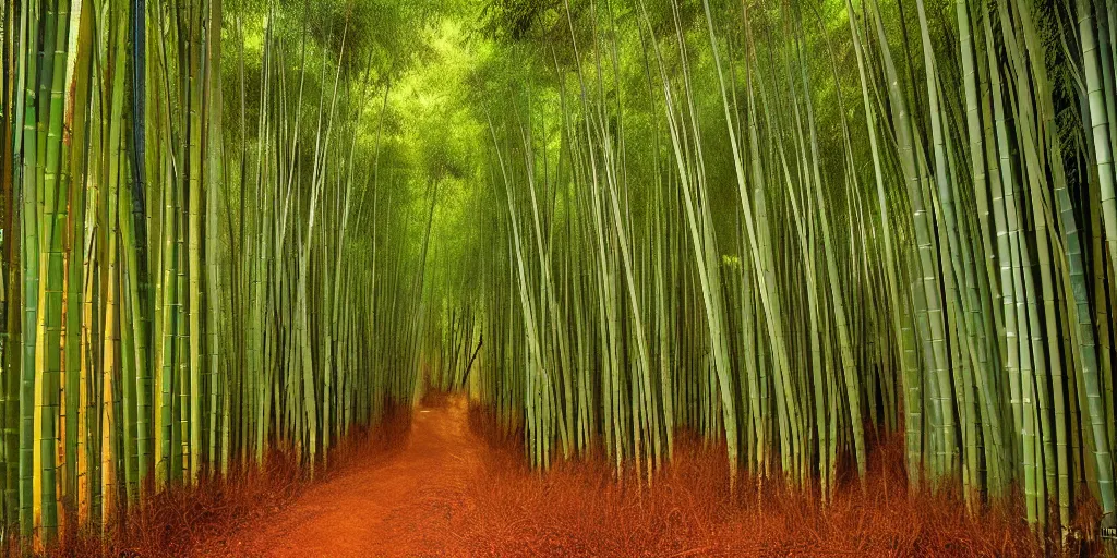 Image similar to award winning photo of a bamboo forest by Peter Lik,