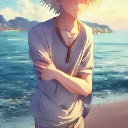 Image similar to a very beautiful anime boy, full body, blonde, golden eyes, short smile, casual clothes, serene beach setting, cinematic lightning, medium shot, mid-shot, highly detailed, trending on artstation, Unreal Engine 4k, cinematic wallpaper by Stanley Artgerm Lau, WLOP, Rossdraws, James Jean, Andrei Riabovitchev, Marc Simonetti, and Sakimichan