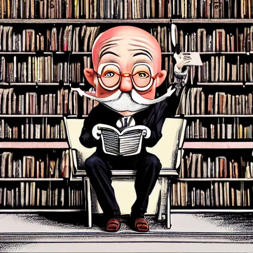 Prompt: detailed details hyper realistic cinematic rosy glow cartoon a old man with big head and big nose read manga while sitting on his library in the style of alex ross and banksy