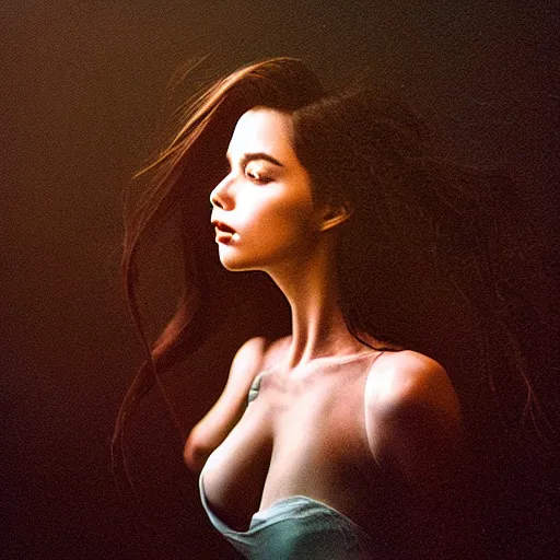 Prompt: Portrait photo of a woman under water, long dark hair, flowing hair, posed in profile, studio lighting, highly detailed, art by artgerm, cinestill 800t