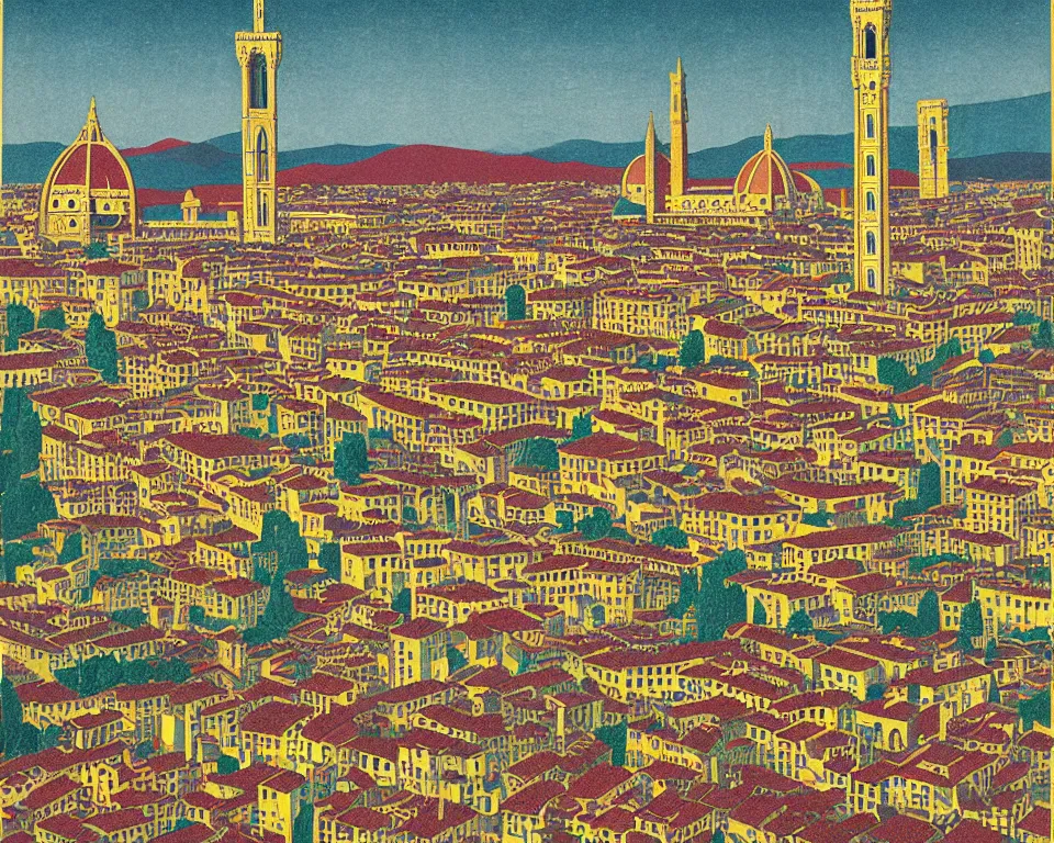 Image similar to resplendent, gilded art deco print of Florence, Italy by Hasui Kawase and Lyonel Feininger