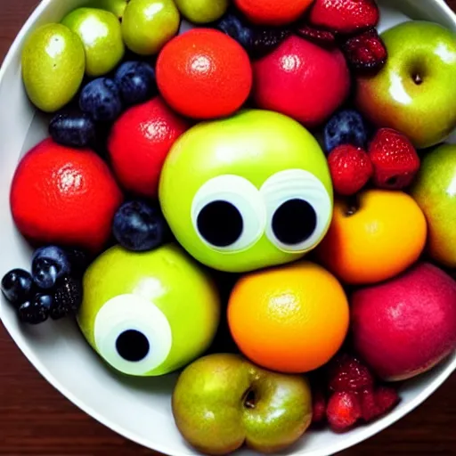 Image similar to a still life of a bowl of fruit with googly eyes on all the fruit, trending on artstation