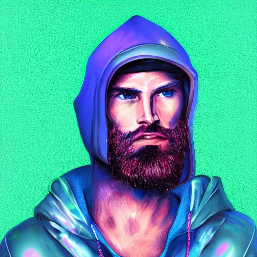 Image similar to a portrait of an ultradetailed futuristic male cyberpunk wearing a hoodie on his head, bearded, deep blue eyes, by dylan kowalski, 8 k, purple neon colours, digital painting