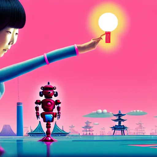 Image similar to a japanese woman battles pink robots, illustrated, detailed, 4 k