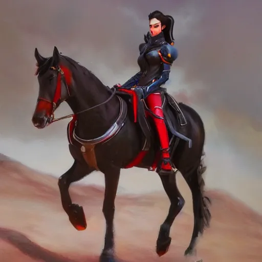 Prompt: oil painting of widowmaker from overwatch in the desert riding on a horse, black and red jacket, collar around neck, very detailed face, feminine face, full body