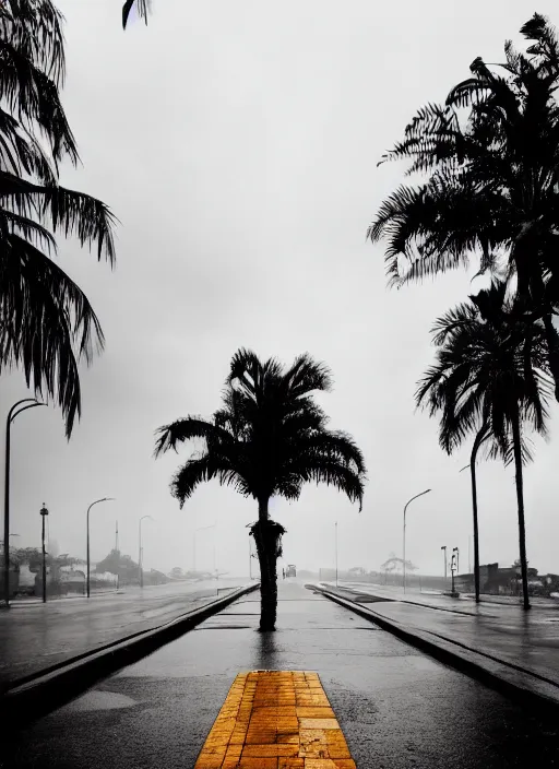 Image similar to a palm tree sitting on top of a wet sidewalk, a photo by rodolfo escalera, unsplash, hypermodernism, ominous vibe, ominous, apocalypse landscape