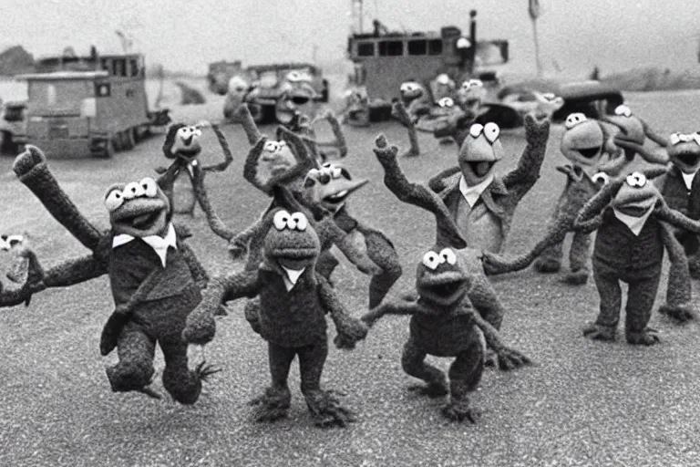 Prompt: a vintage photo of the Muppets storming Normandy