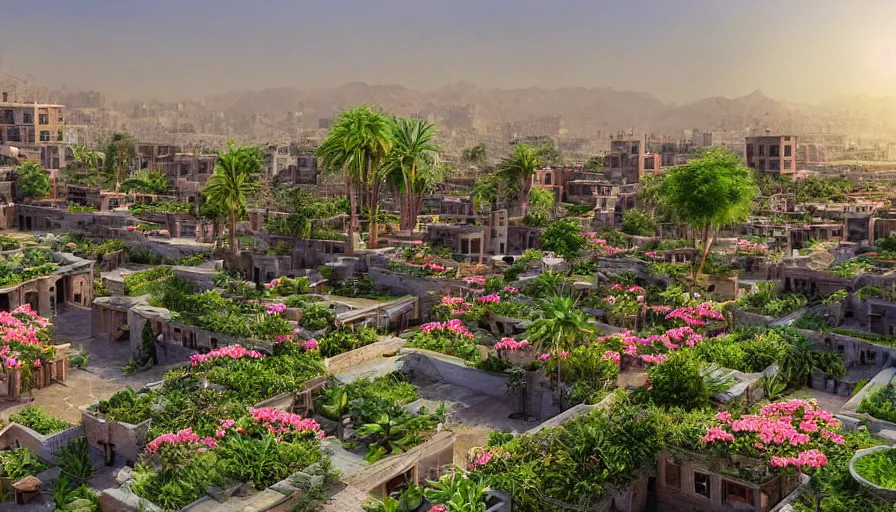 Prompt: ancient iranian city with rooftop gardens, flowers, palms, artstation