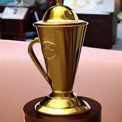 Prompt: a latte trophy, golden trophy shaped like latte